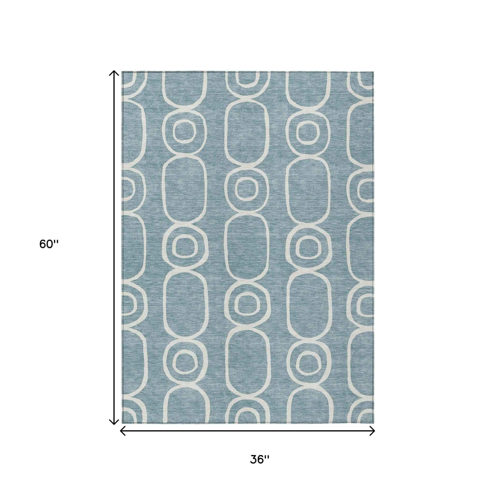 3' X 5' Aqua And Ivory Geometric Washable Indoor Outdoor Area Rug