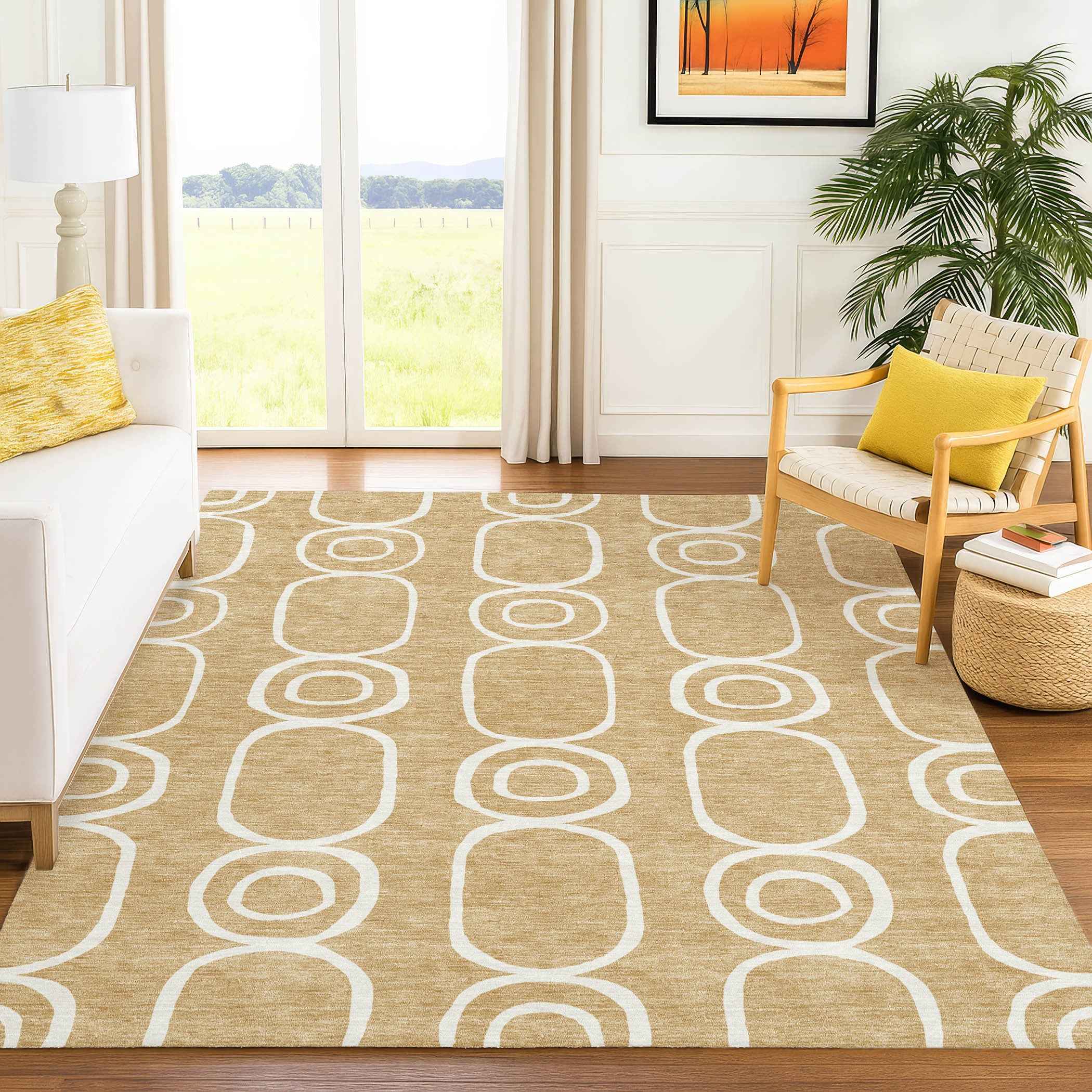 3' X 5' Gold And Ivory Geometric Washable Indoor Outdoor Area Rug