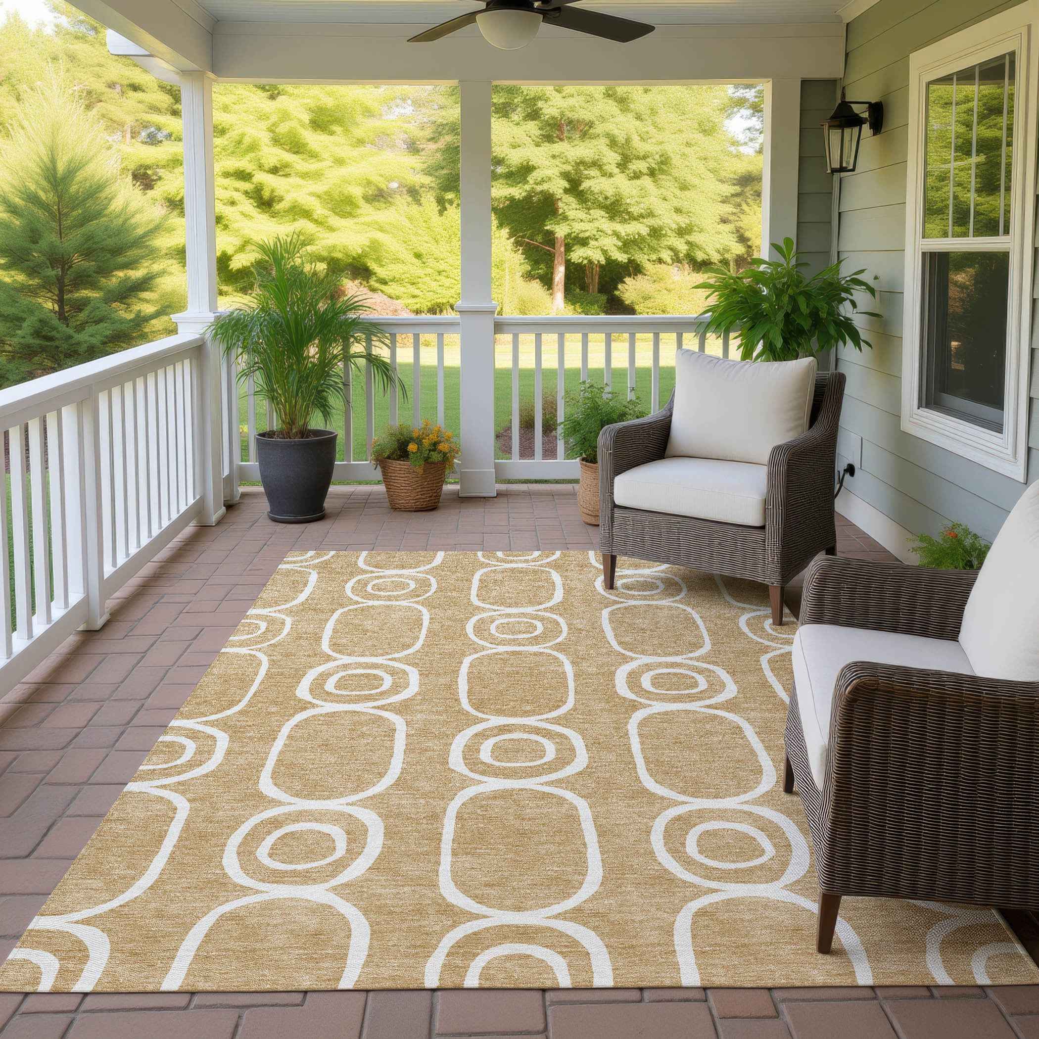 3' X 5' Gold And Ivory Geometric Washable Indoor Outdoor Area Rug