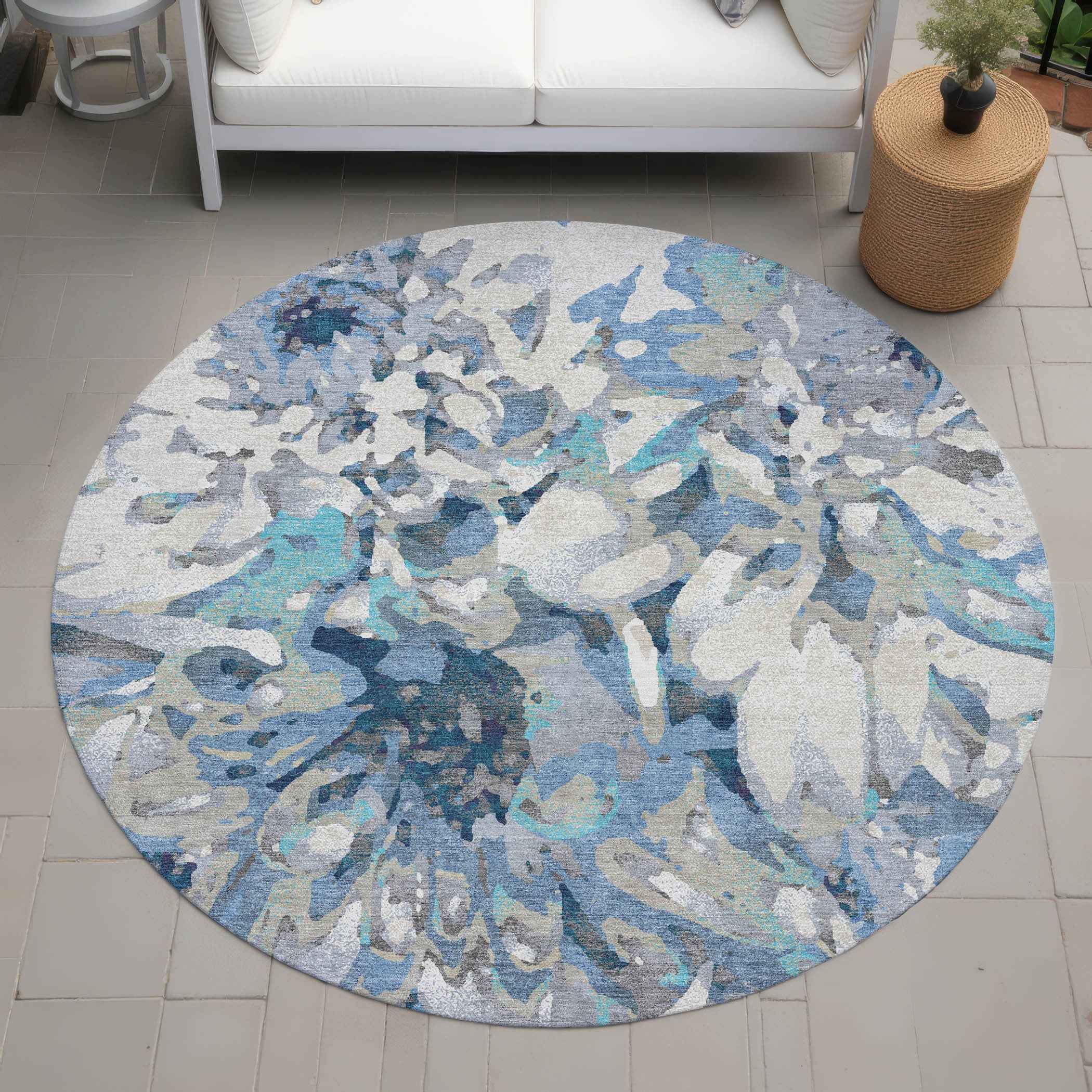 8' Denim Blue Gray And Ivory Round Floral Washable Indoor Outdoor Area Rug