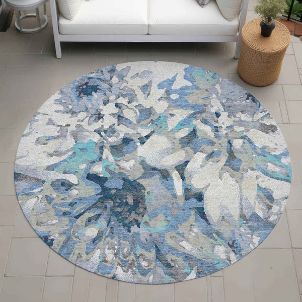 8' Denim Blue Gray And Ivory Round Floral Washable Indoor Outdoor Area Rug