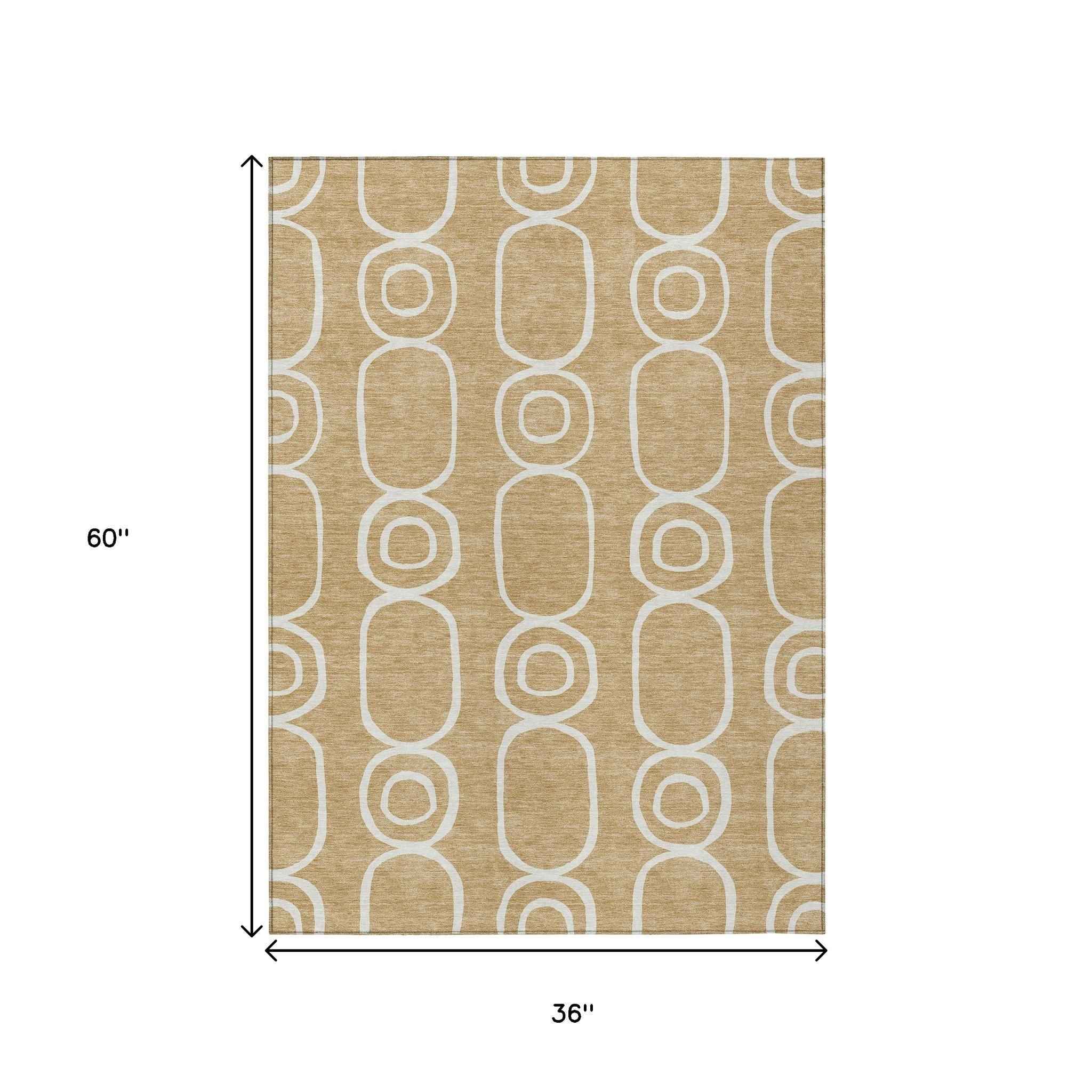 3' X 5' Gold And Ivory Geometric Washable Indoor Outdoor Area Rug