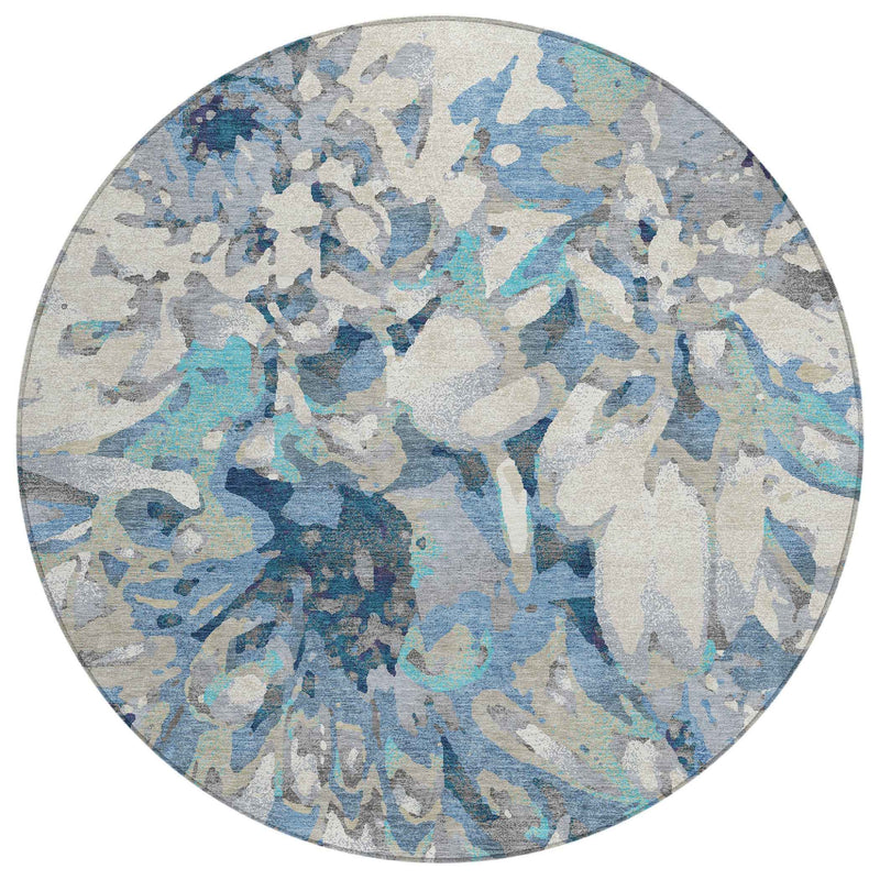 8' Denim Blue Gray And Ivory Round Floral Washable Indoor Outdoor Area Rug