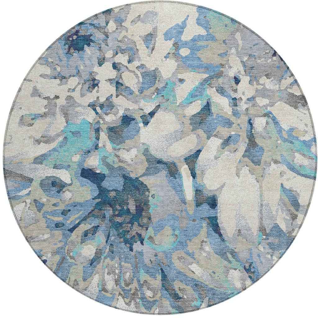 8' Denim Blue Gray And Ivory Round Floral Washable Indoor Outdoor Area Rug
