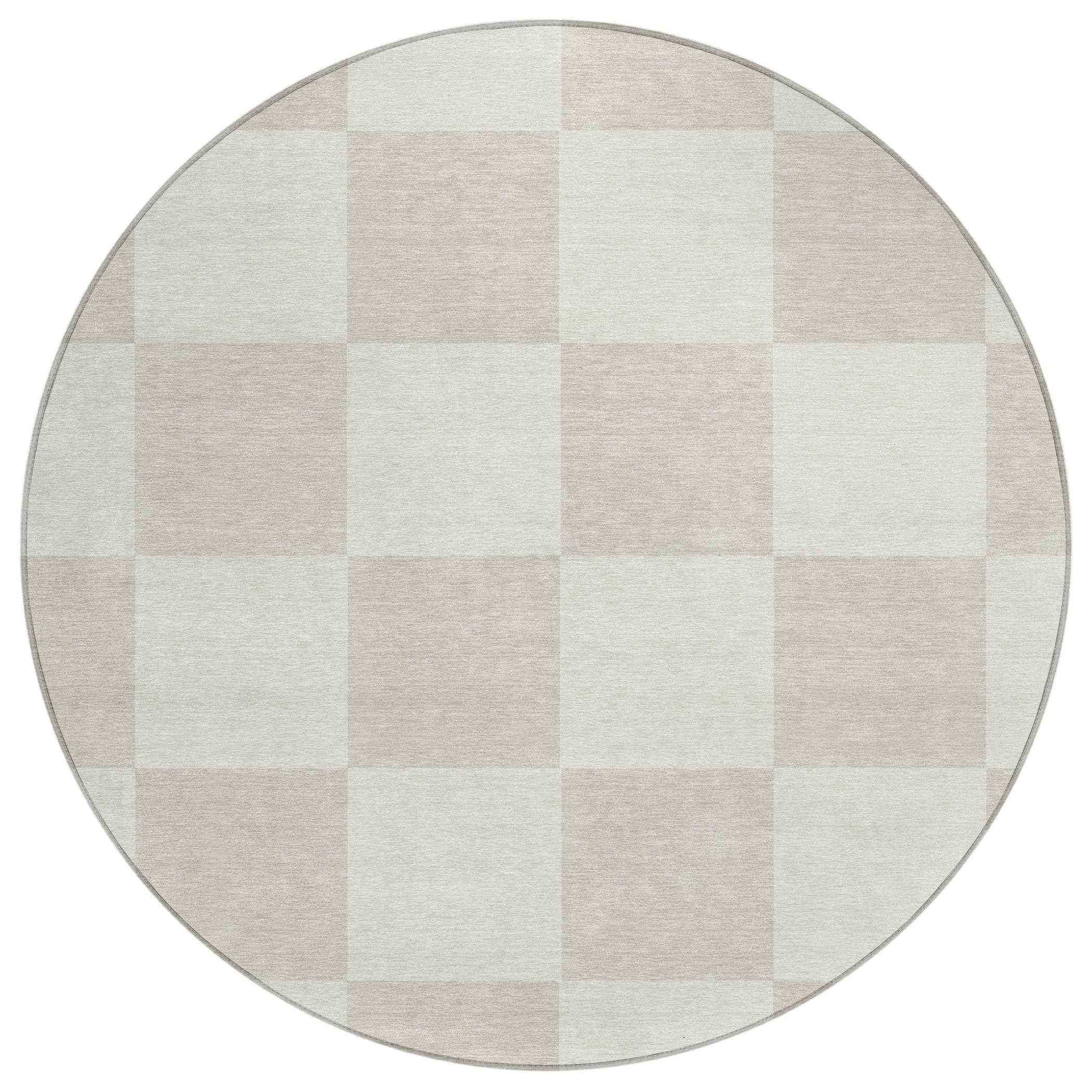 8' Ivory And Beige Round Geometric Washable Indoor Outdoor Area Rug