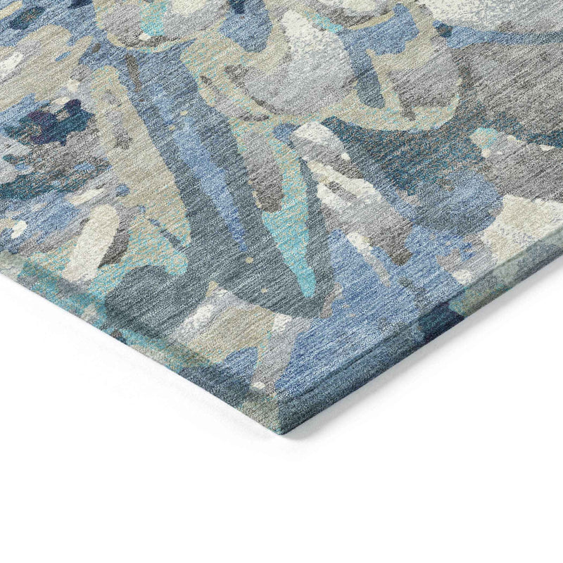 8' Denim Blue Gray And Ivory Round Floral Washable Indoor Outdoor Area Rug