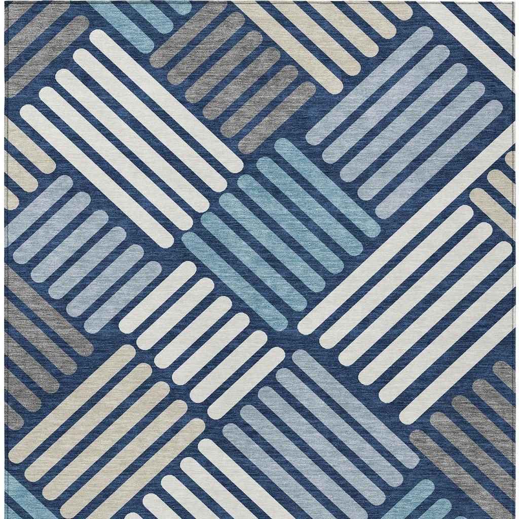 8' X 10' Navy Blue Ivory And Pewter Geometric Washable Indoor Outdoor Area Rug