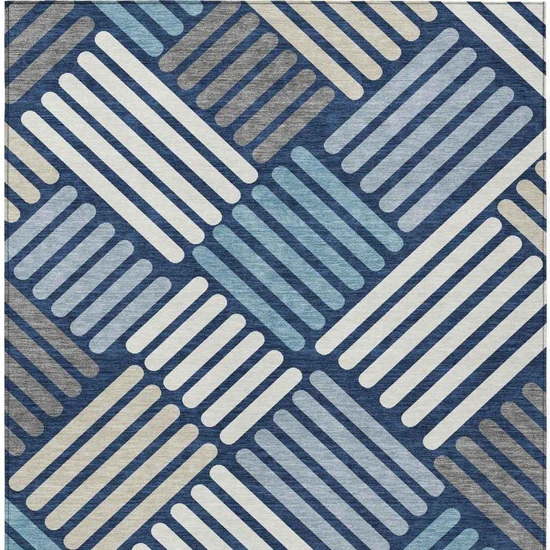 8' X 10' Navy Blue Ivory And Pewter Geometric Washable Indoor Outdoor Area Rug