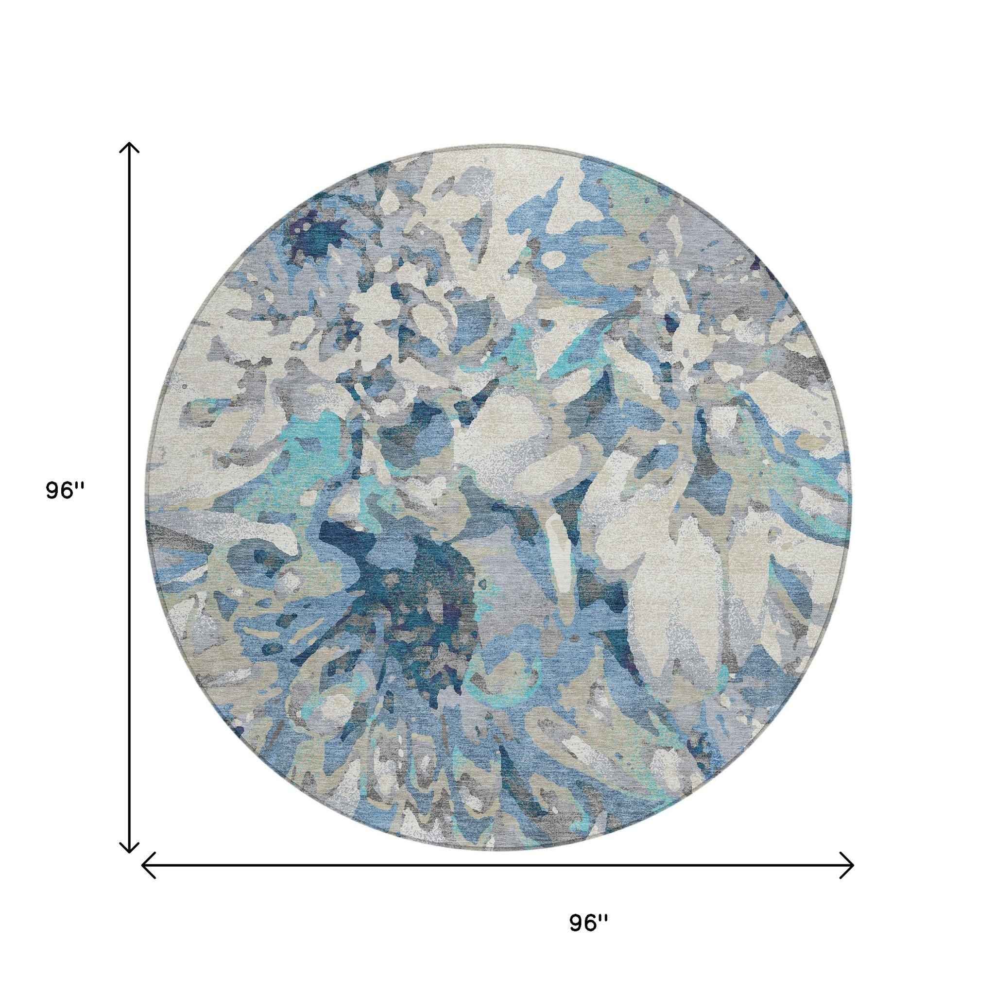 8' Denim Blue Gray And Ivory Round Floral Washable Indoor Outdoor Area Rug