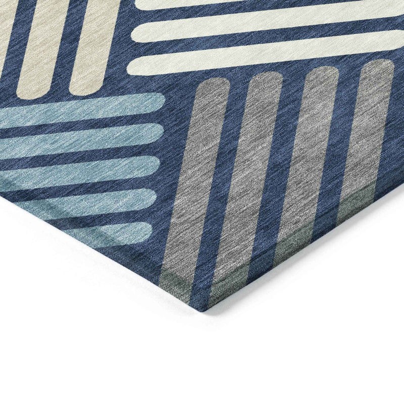 8' X 10' Navy Blue Ivory And Pewter Geometric Washable Indoor Outdoor Area Rug