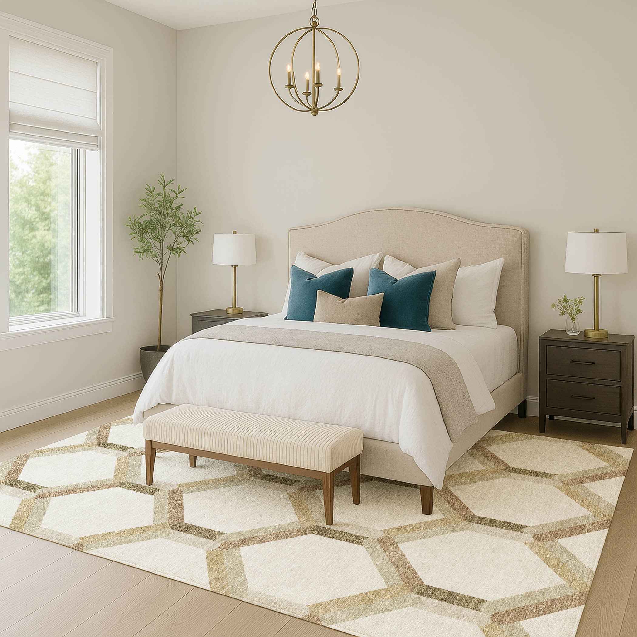 9' X 12' Ivory And Brown Geometric Washable Indoor Outdoor Area Rug