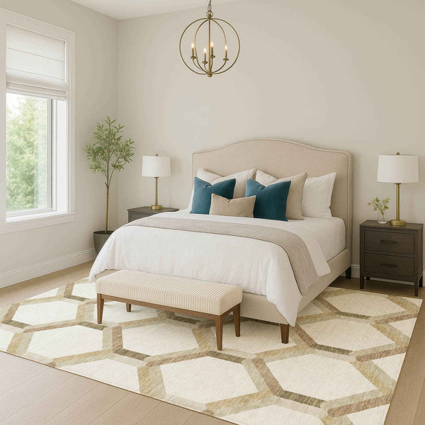 9' X 12' Ivory And Brown Geometric Washable Indoor Outdoor Area Rug