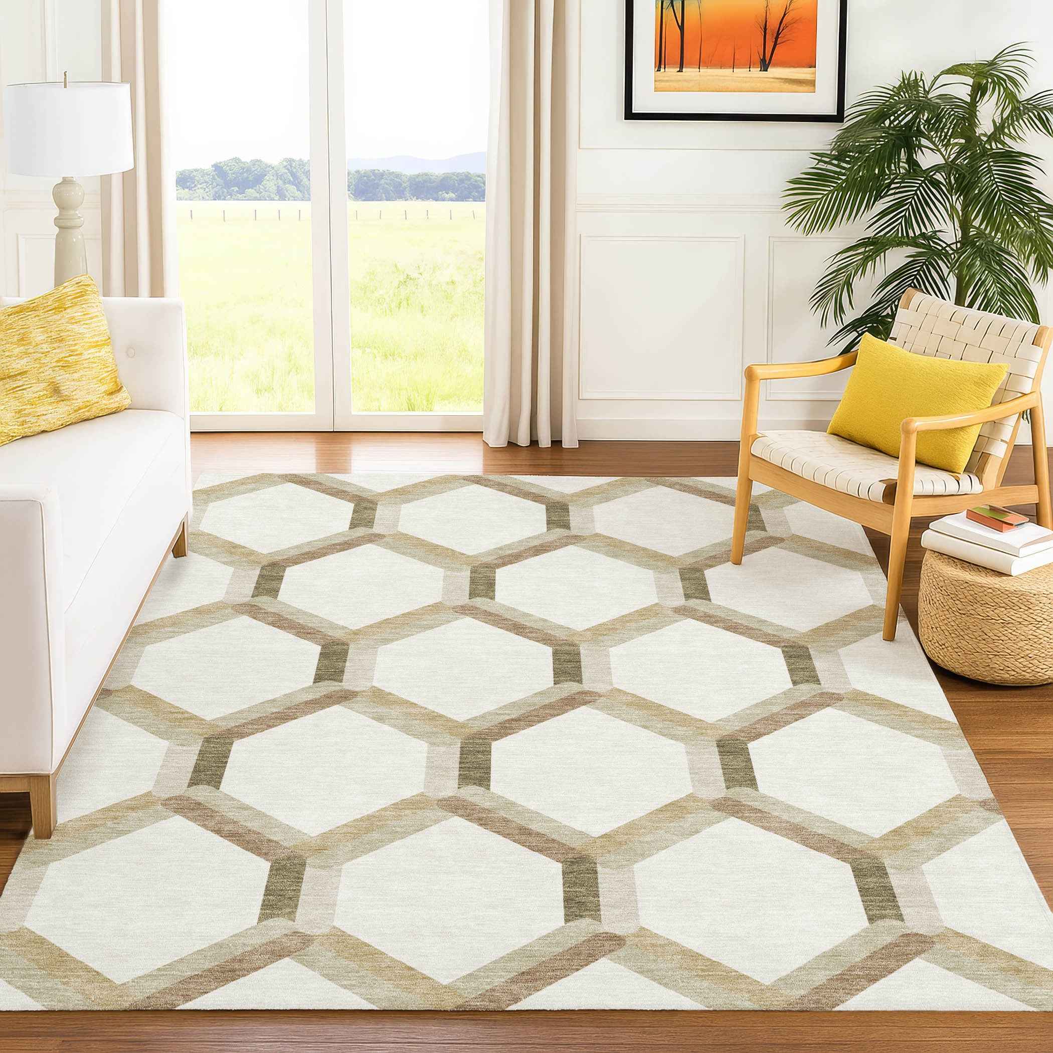 9' X 12' Ivory And Brown Geometric Washable Indoor Outdoor Area Rug