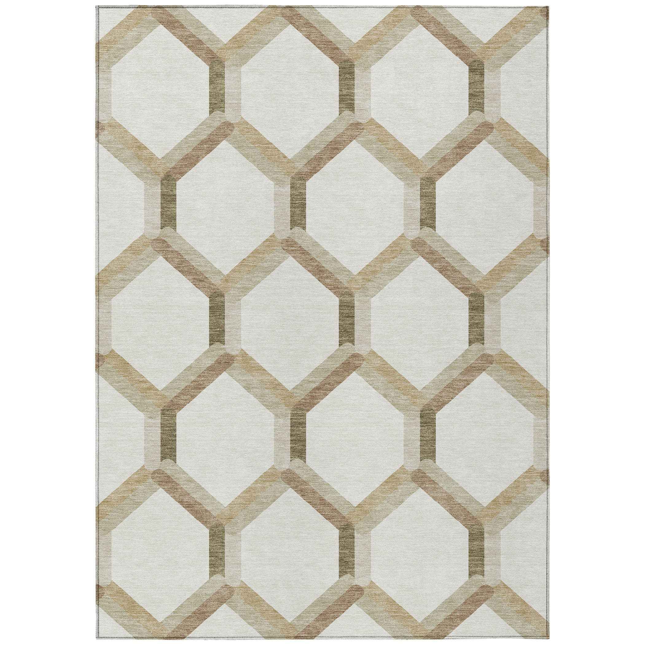 9' X 12' Ivory And Brown Geometric Washable Indoor Outdoor Area Rug