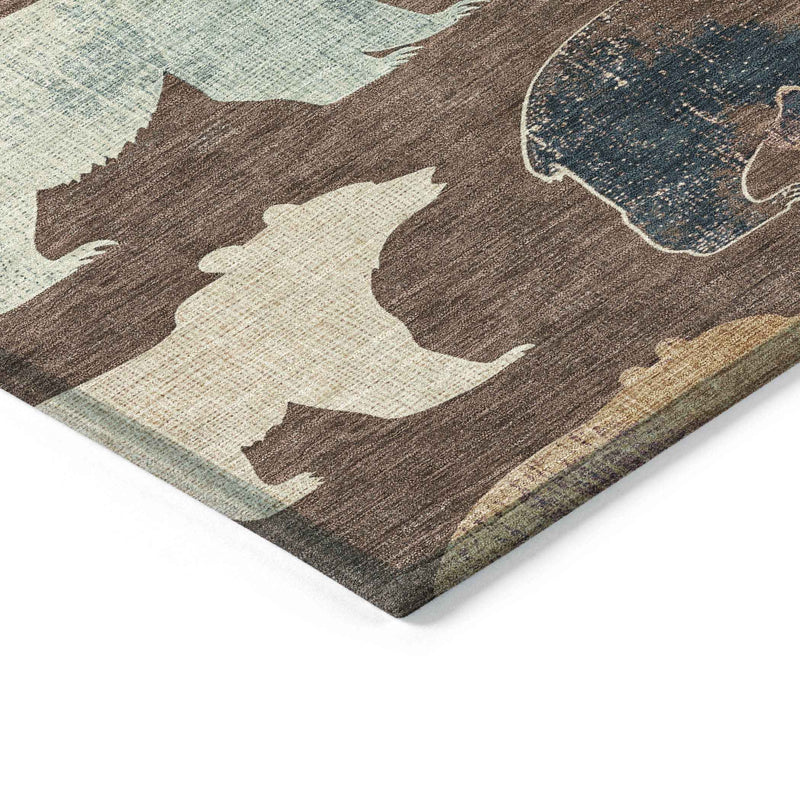 10' X 14' Chocolate Ivory And Blue Animal Print Washable Indoor Outdoor Area Rug