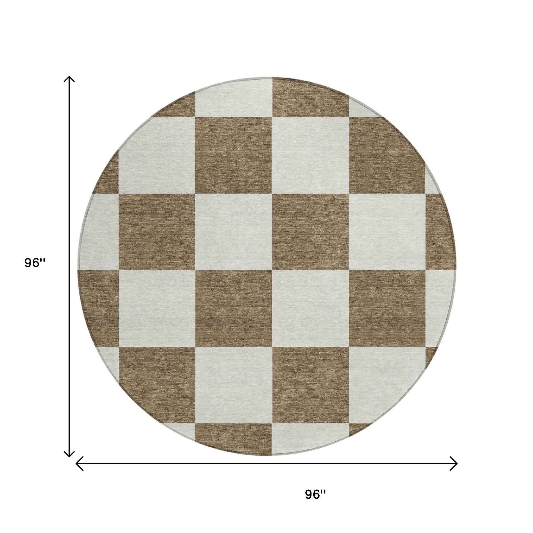 8' Chocolate And Ivory Round Geometric Washable Indoor Outdoor Area Rug