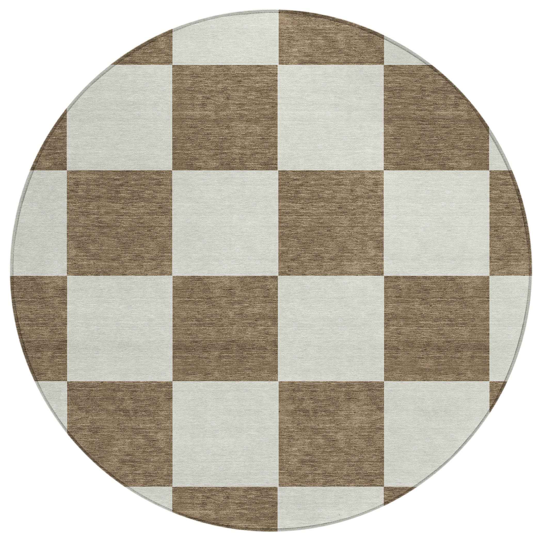 8' Chocolate And Ivory Round Geometric Washable Indoor Outdoor Area Rug