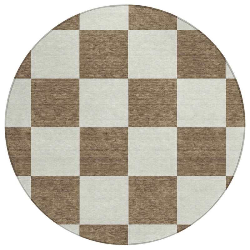 8' Chocolate And Ivory Round Geometric Washable Indoor Outdoor Area Rug