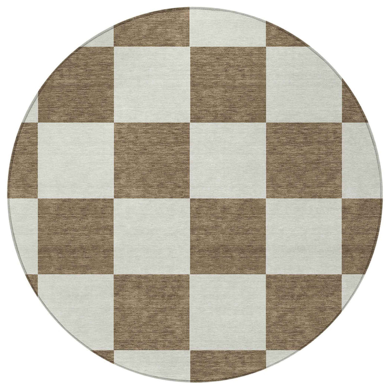 8' Chocolate And Ivory Round Geometric Washable Indoor Outdoor Area Rug