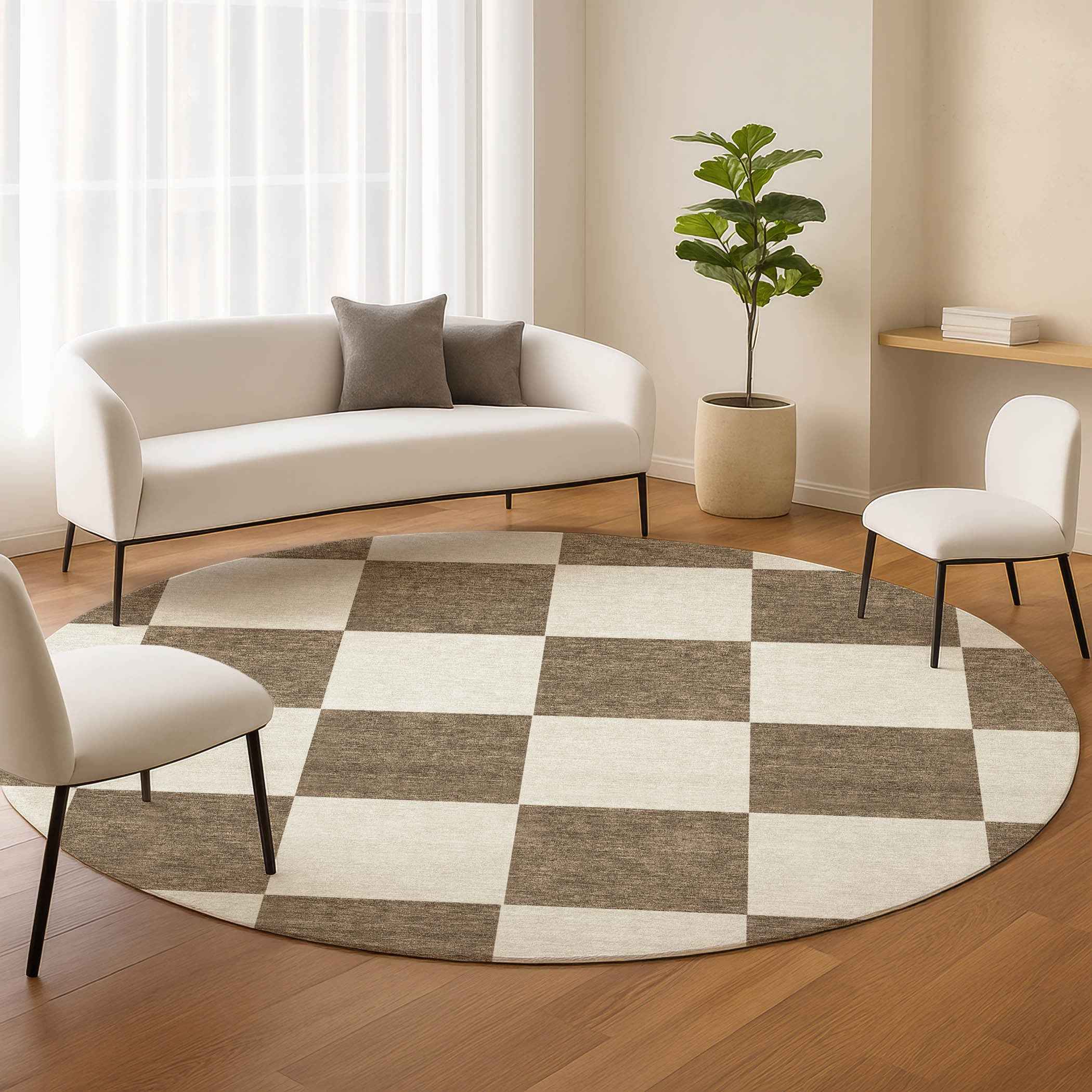 8' Chocolate And Ivory Round Geometric Washable Indoor Outdoor Area Rug