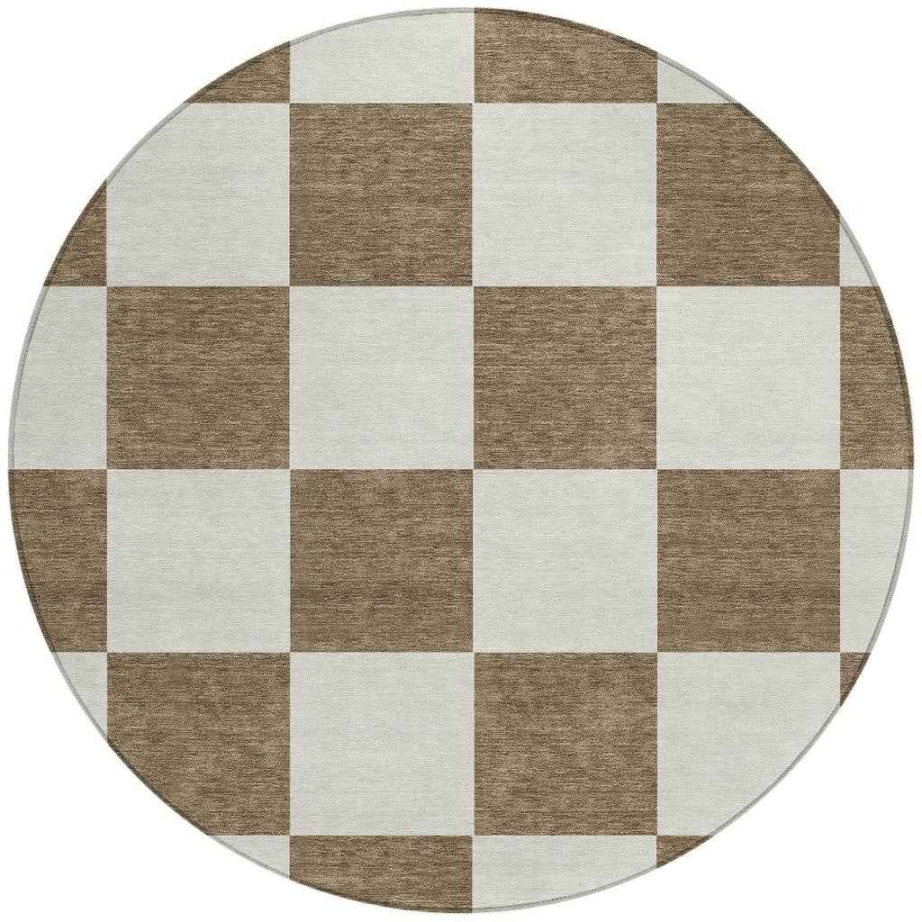 8' Chocolate And Ivory Round Geometric Washable Indoor Outdoor Area Rug