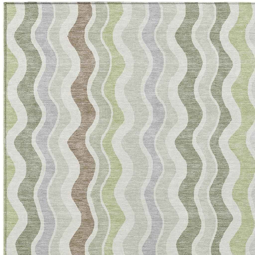 10' X 14' Artichoke Green Ivory And Brown Striped Washable Indoor Outdoor Area Rug