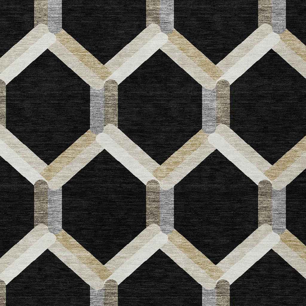 9' X 12' Black Ivory And Wheat Geometric Washable Indoor Outdoor Area Rug