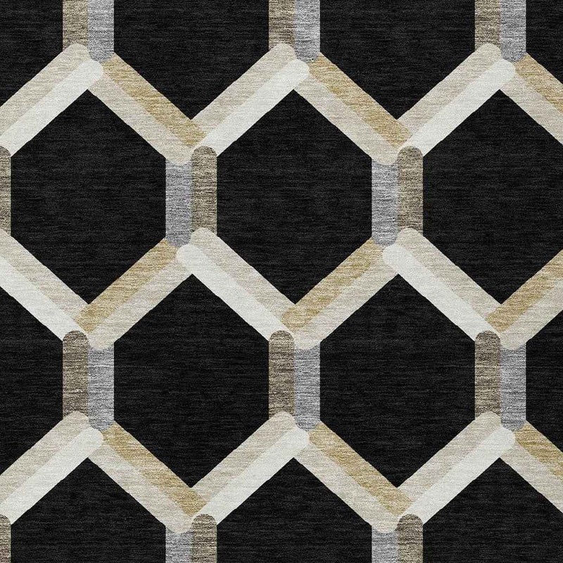 9' X 12' Black Ivory And Wheat Geometric Washable Indoor Outdoor Area Rug