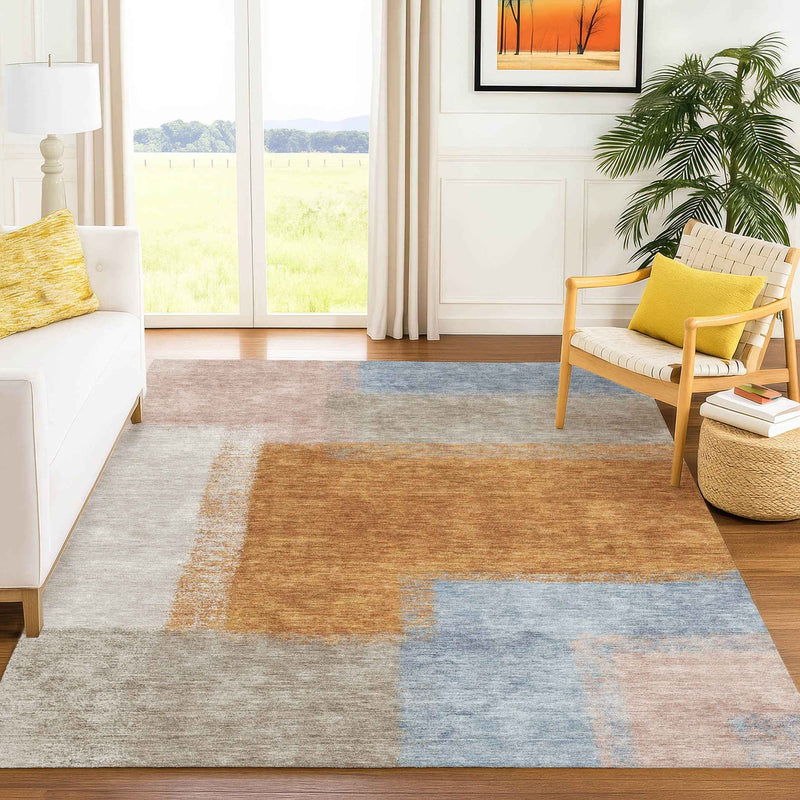 5' X 8' Rust Ivory And Blue Abstract Washable Indoor Outdoor Area Rug