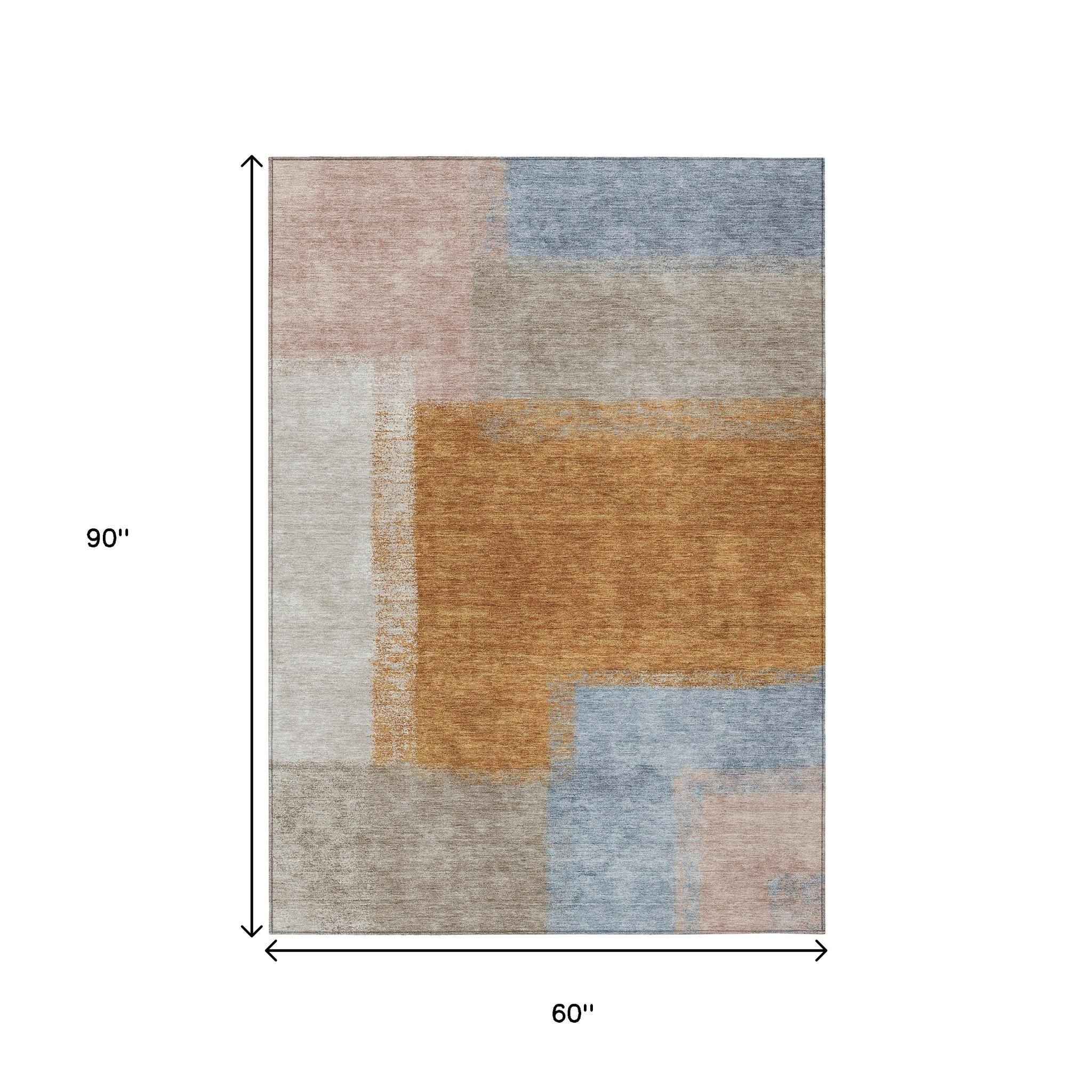 5' X 8' Rust Ivory And Blue Abstract Washable Indoor Outdoor Area Rug