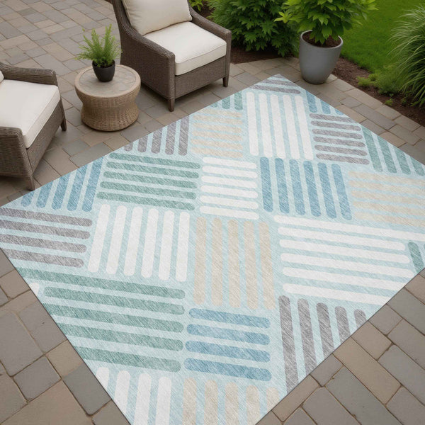 3' X 5' Pale Aqua Wheat And Ivory Geometric Washable Indoor Outdoor Area Rug