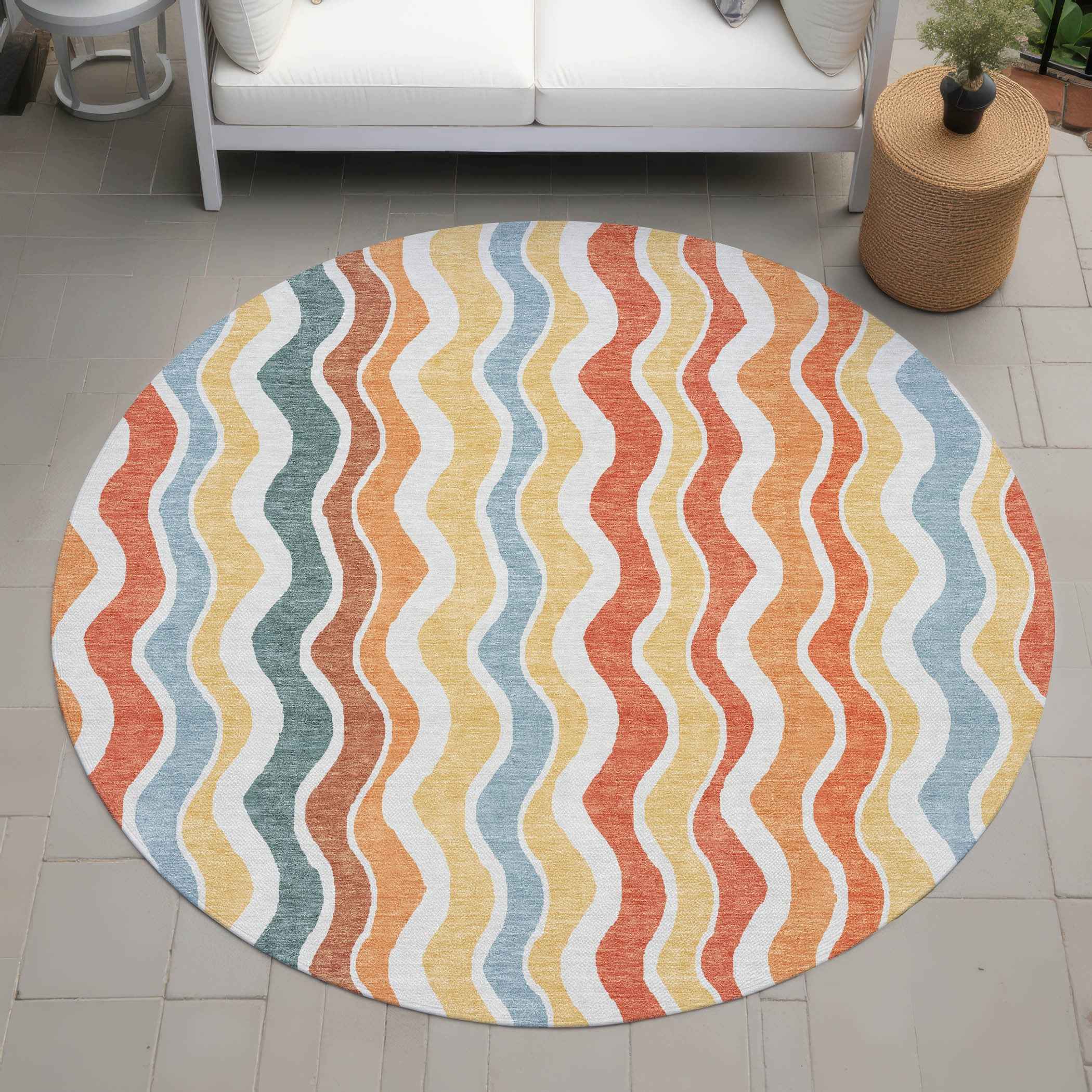 8' Coral Ivory And Gold Round Striped Washable Indoor Outdoor Area Rug
