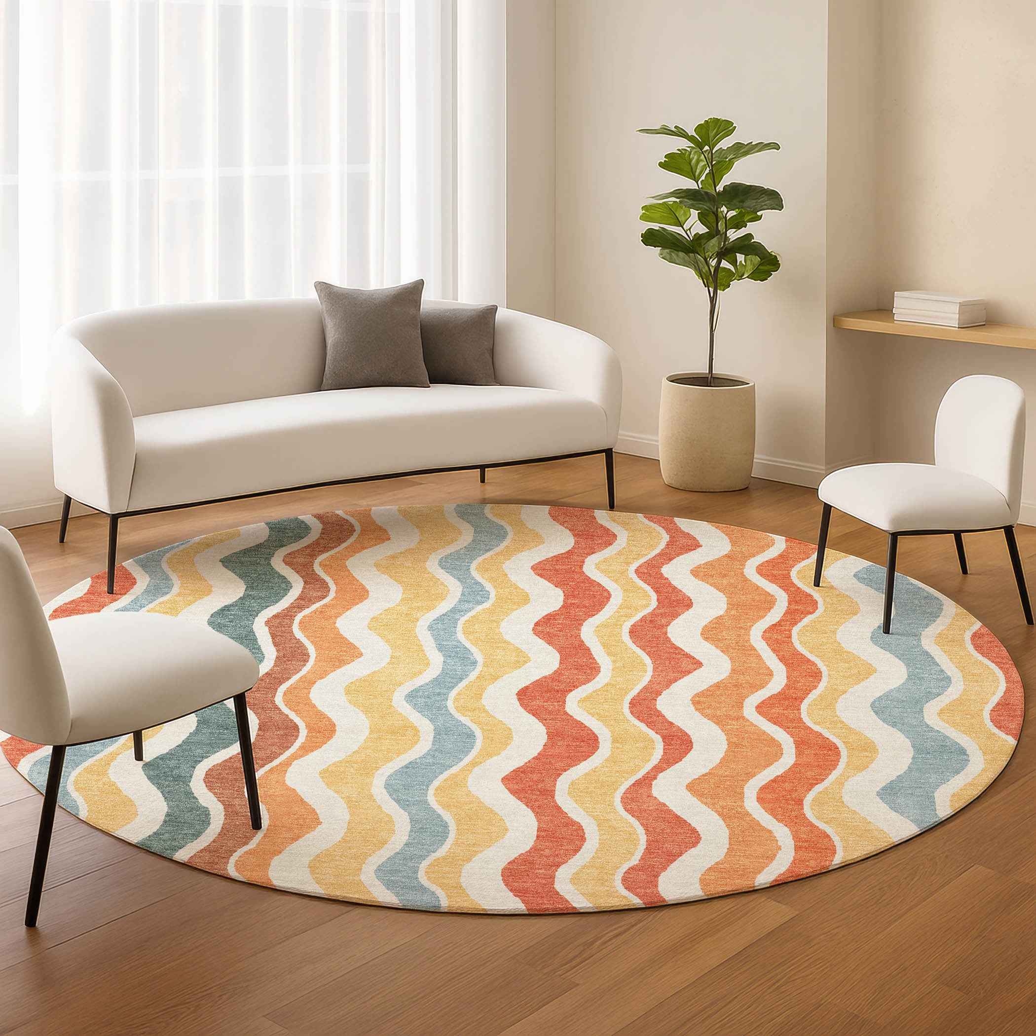 8' Coral Ivory And Gold Round Striped Washable Indoor Outdoor Area Rug