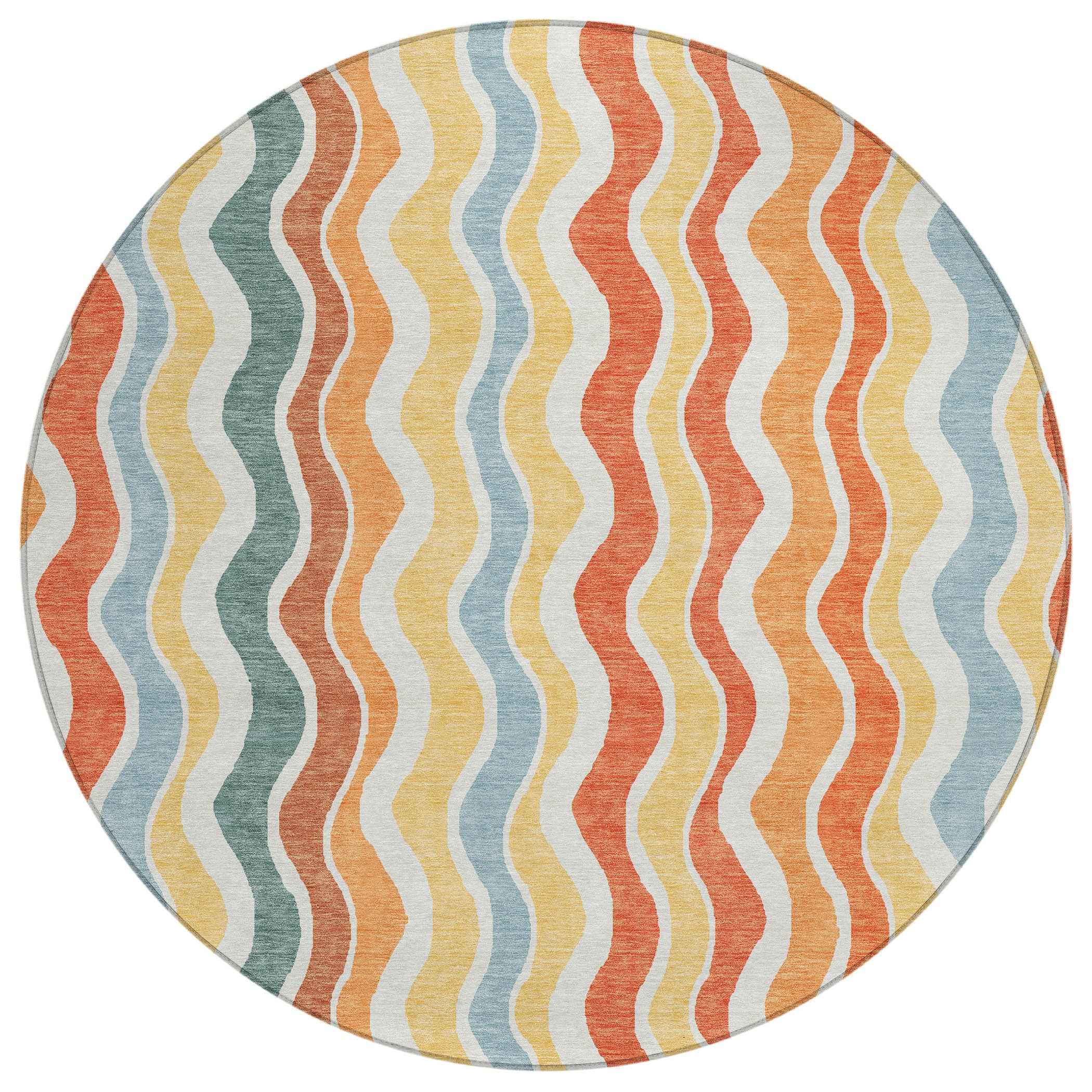 8' Coral Ivory And Gold Round Striped Washable Indoor Outdoor Area Rug