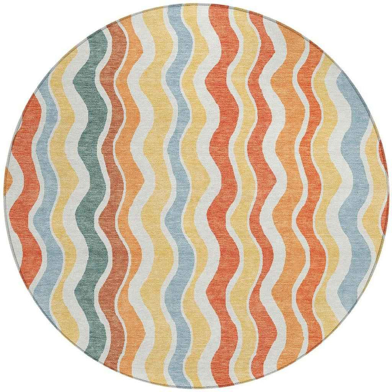 8' Coral Ivory And Gold Round Striped Washable Indoor Outdoor Area Rug