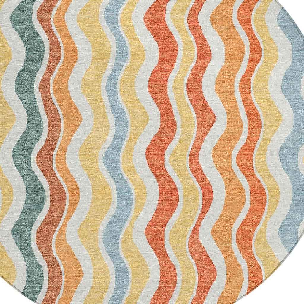 8' Coral Ivory And Gold Round Striped Washable Indoor Outdoor Area Rug