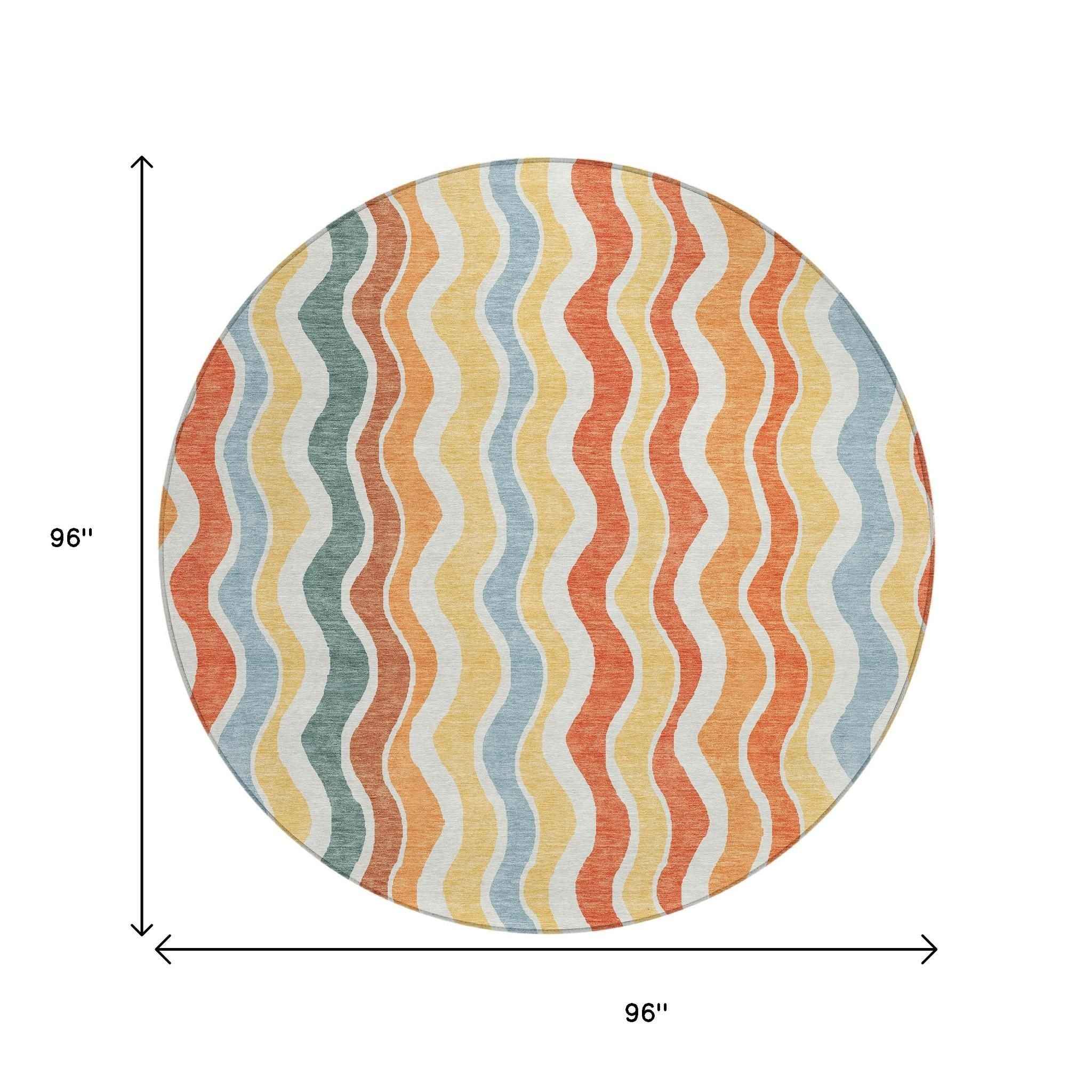 8' Coral Ivory And Gold Round Striped Washable Indoor Outdoor Area Rug