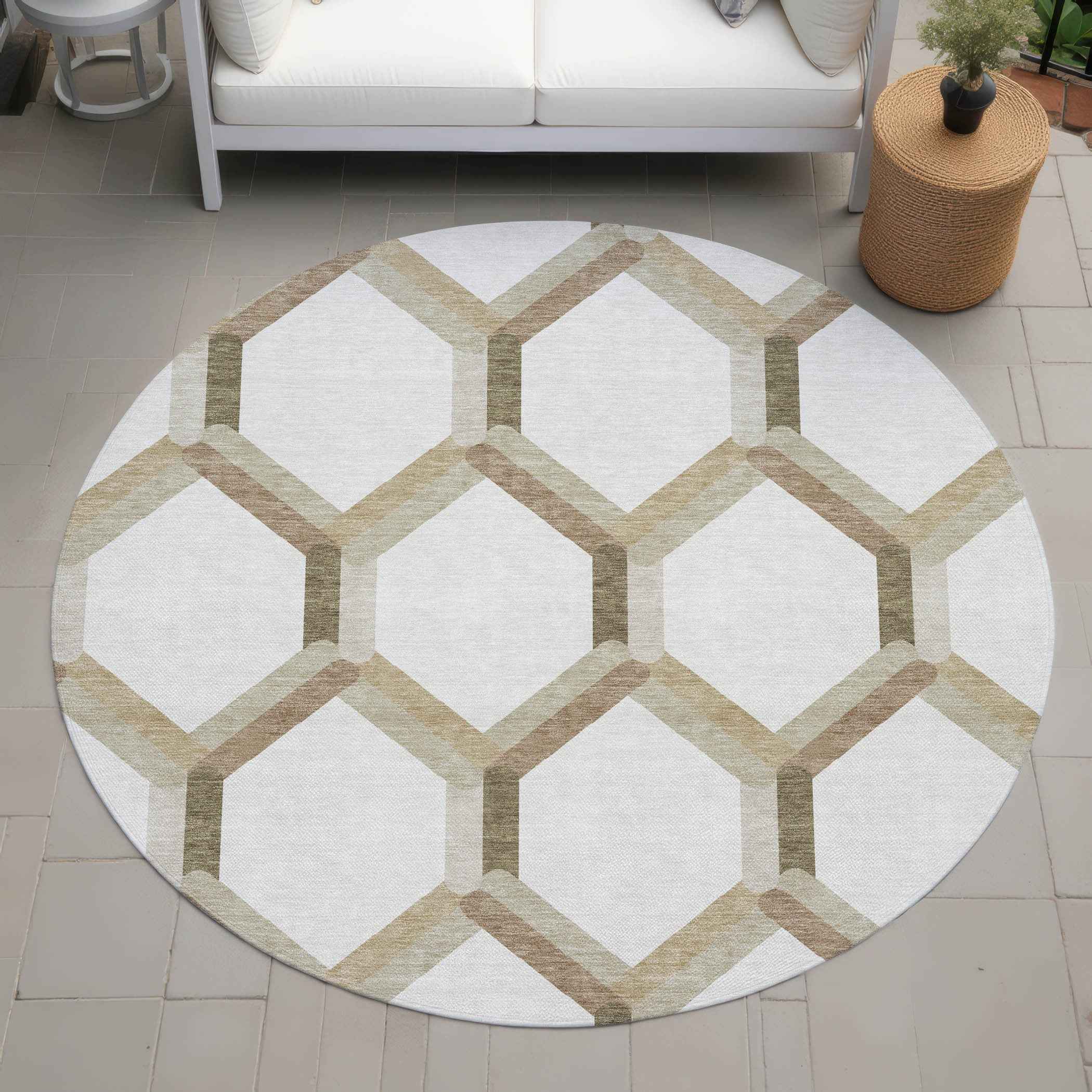 8' Ivory And Brown Round Geometric Washable Indoor Outdoor Area Rug