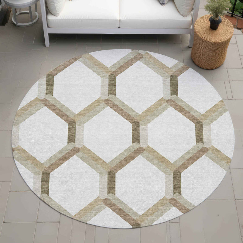 8' Ivory And Brown Round Geometric Washable Indoor Outdoor Area Rug