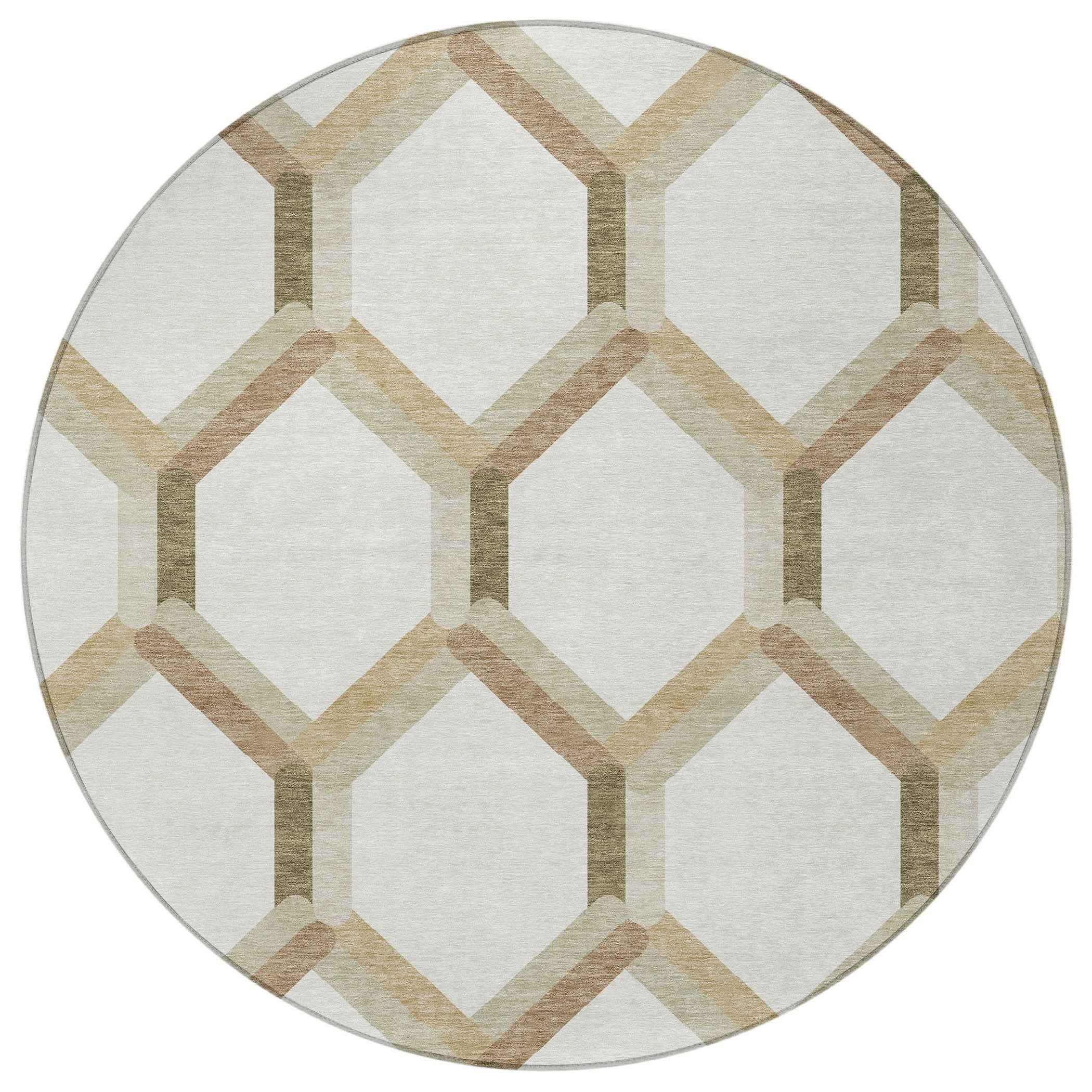 8' Ivory And Brown Round Geometric Washable Indoor Outdoor Area Rug