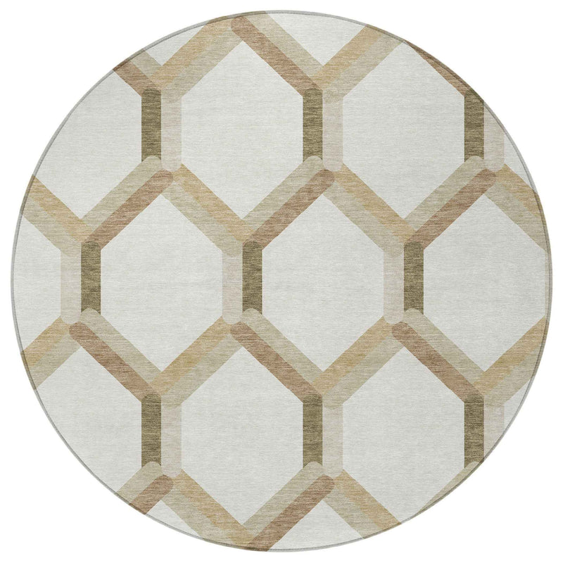 8' Ivory And Brown Round Geometric Washable Indoor Outdoor Area Rug