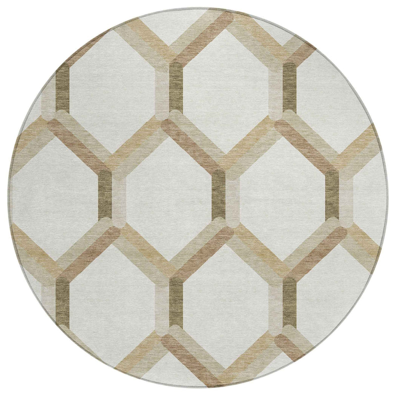 8' Ivory And Brown Round Geometric Washable Indoor Outdoor Area Rug
