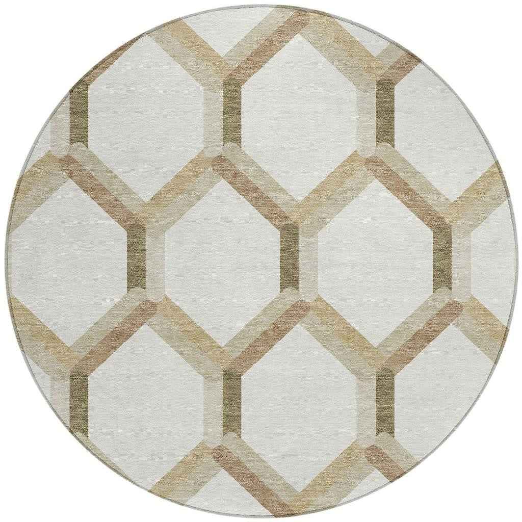 8' Ivory And Brown Round Geometric Washable Indoor Outdoor Area Rug