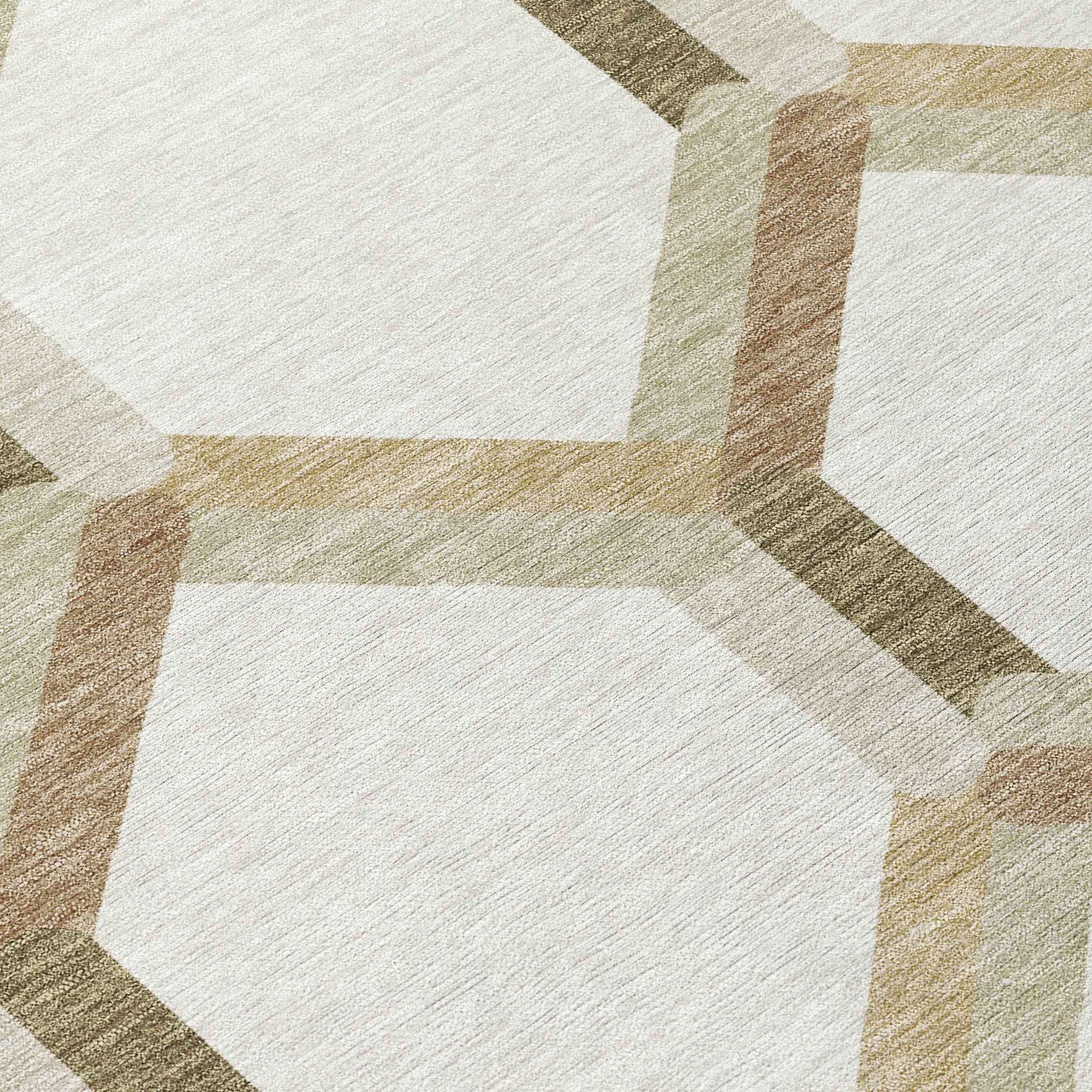 8' Ivory And Brown Round Geometric Washable Indoor Outdoor Area Rug