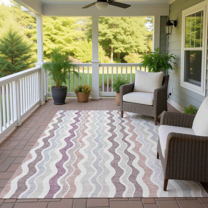 5' X 8' Blush Ivory And Taupe Striped Washable Indoor Outdoor Area Rug