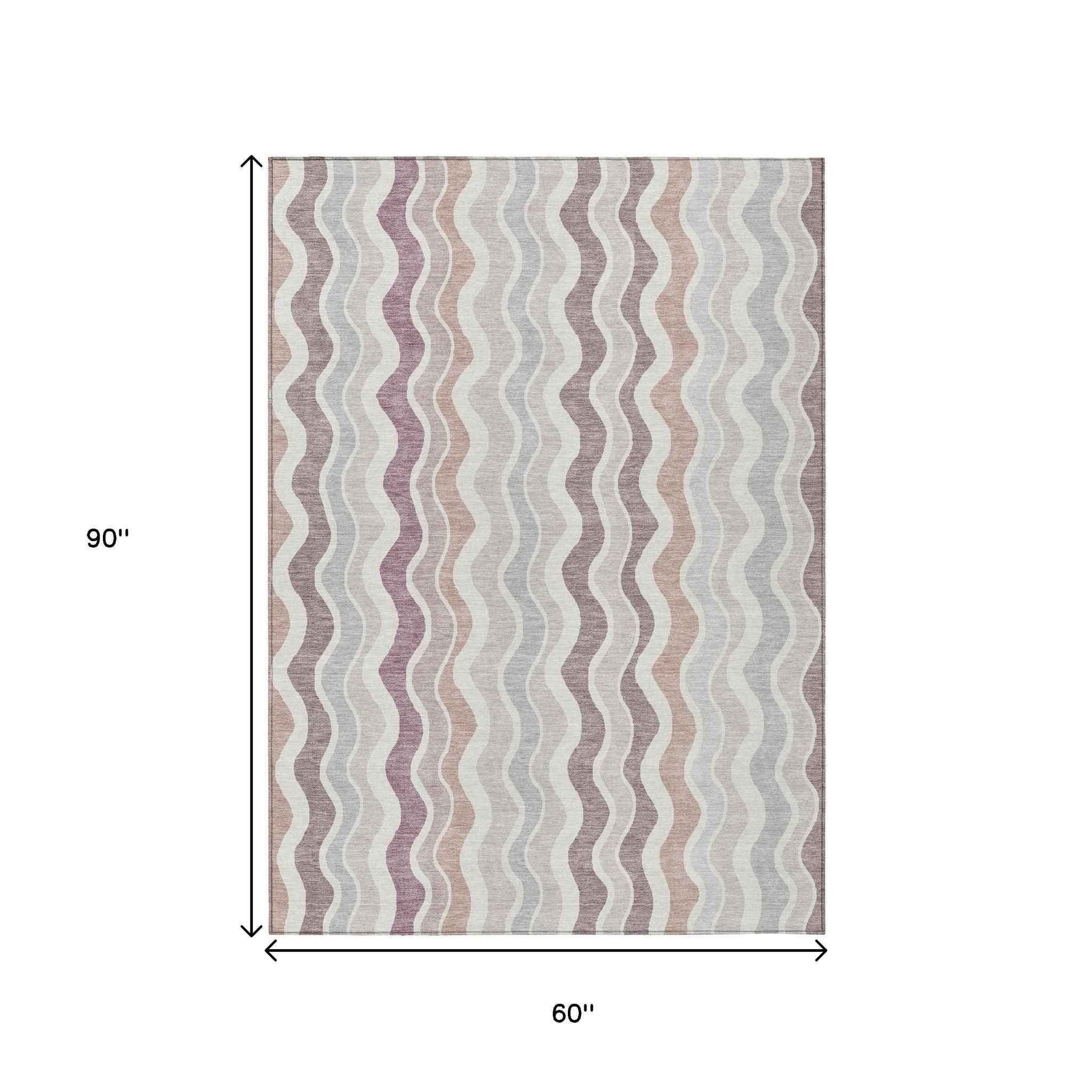 5' X 8' Blush Ivory And Taupe Striped Washable Indoor Outdoor Area Rug