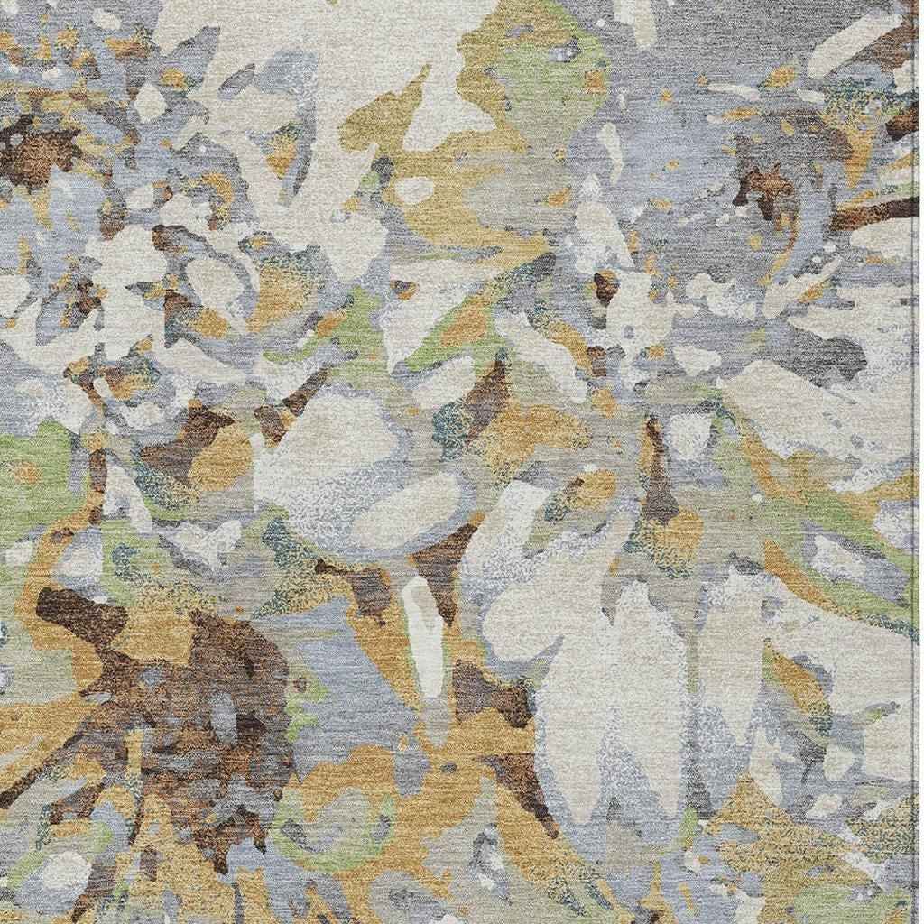 9' X 12' Wheat Ivory And Gray Floral Washable Indoor Outdoor Area Rug