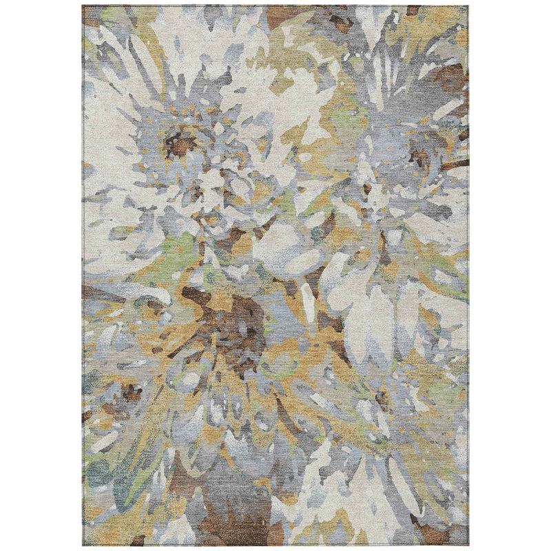 9' X 12' Wheat Ivory And Gray Floral Washable Indoor Outdoor Area Rug