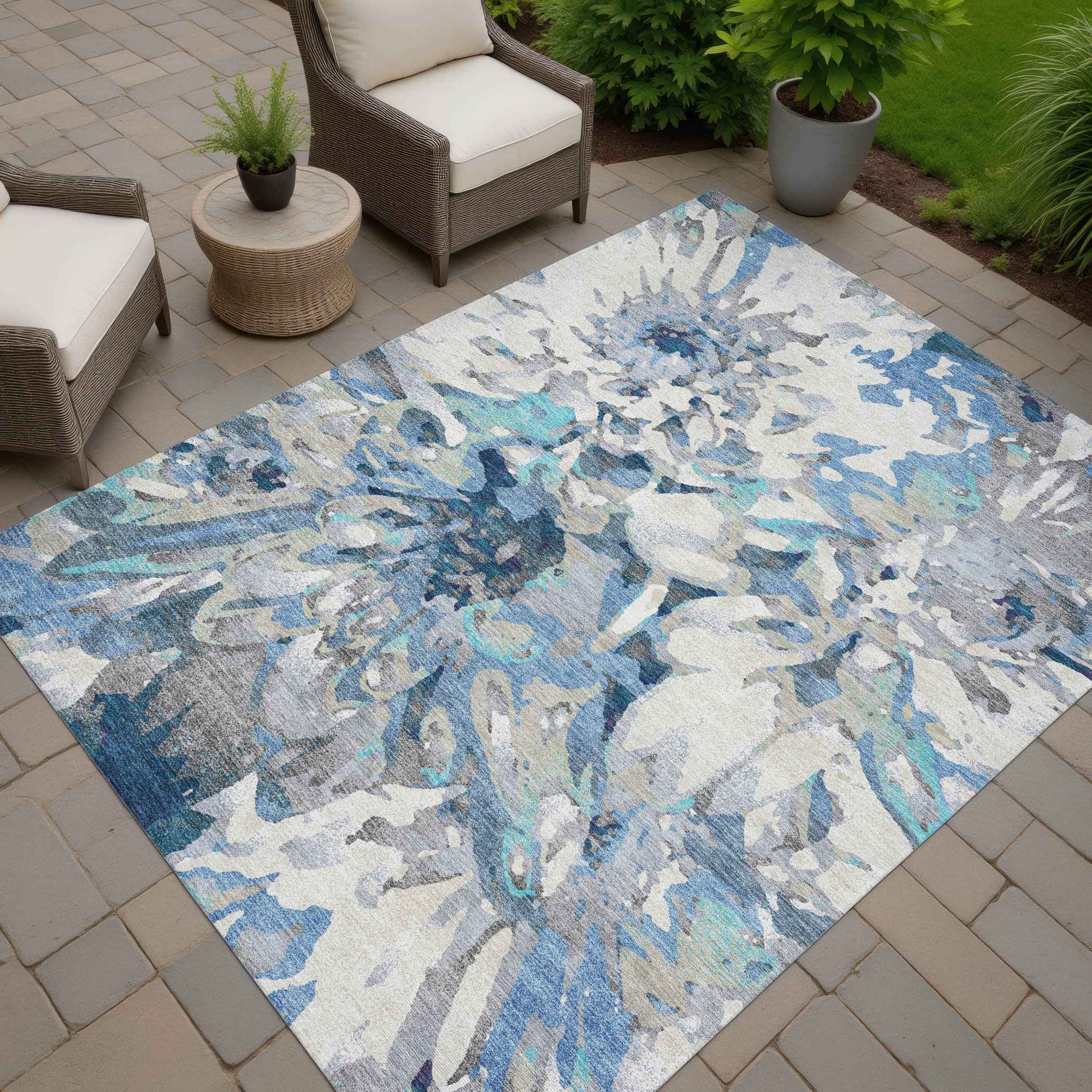 9' X 12' Denim Blue Gray And Ivory Floral Washable Indoor Outdoor Area Rug