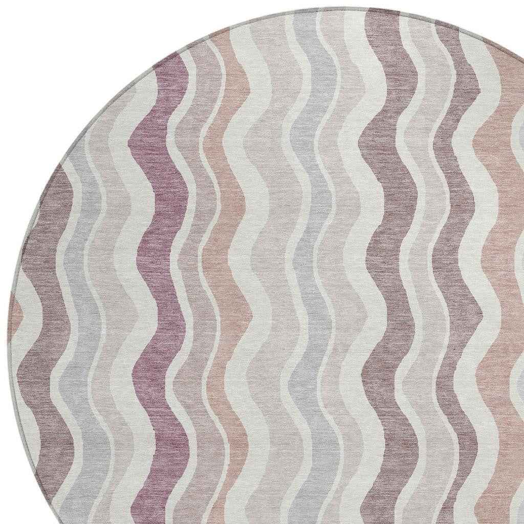 8' Blush Ivory And Taupe Round Striped Washable Indoor Outdoor Area Rug